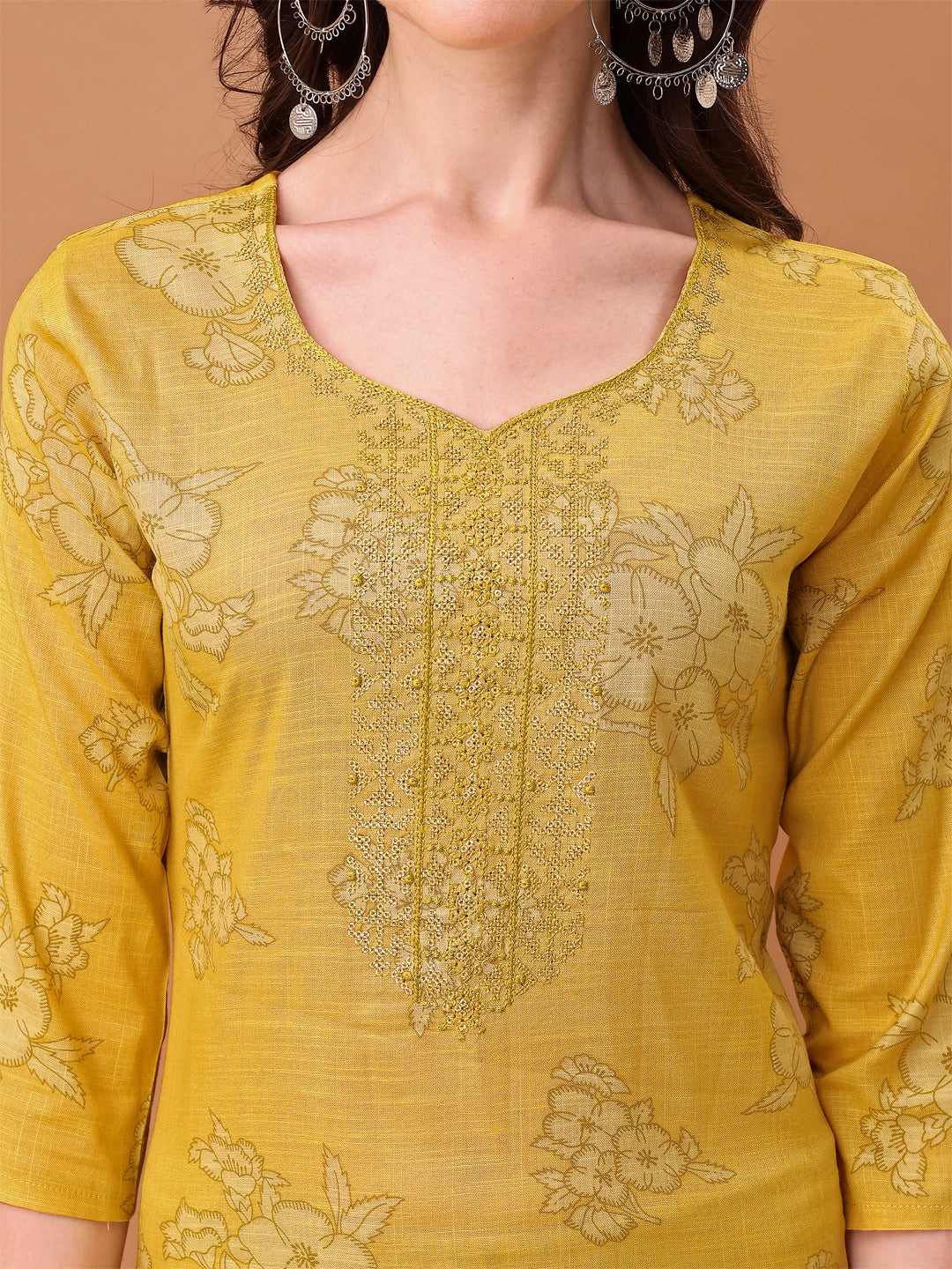 Embroidered & Printed Kurta With Pant & Printed Dupatta, Yellow - Hiral Fashion - Distacart