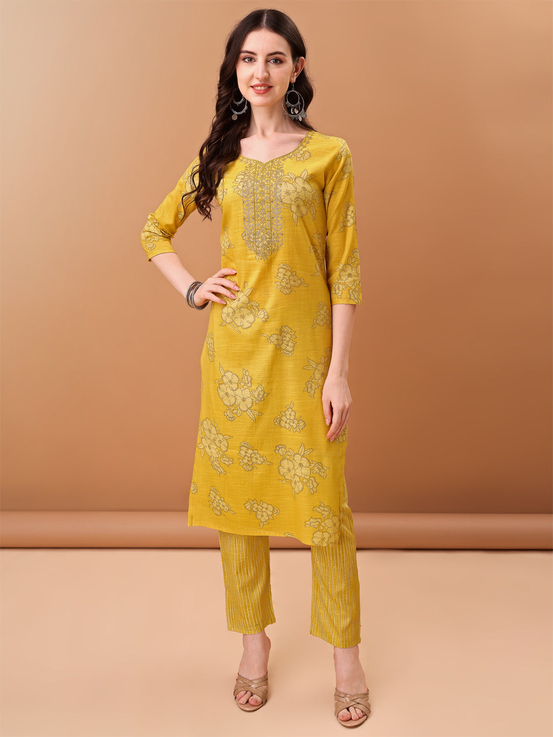 Embroidered & Printed Kurta With Pant & Printed Dupatta, Yellow - Hiral Fashion - Distacart