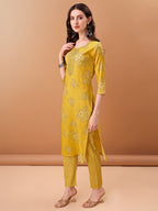 Embroidered & Printed Kurta With Pant & Printed Dupatta, Yellow - Hiral Fashion - Distacart