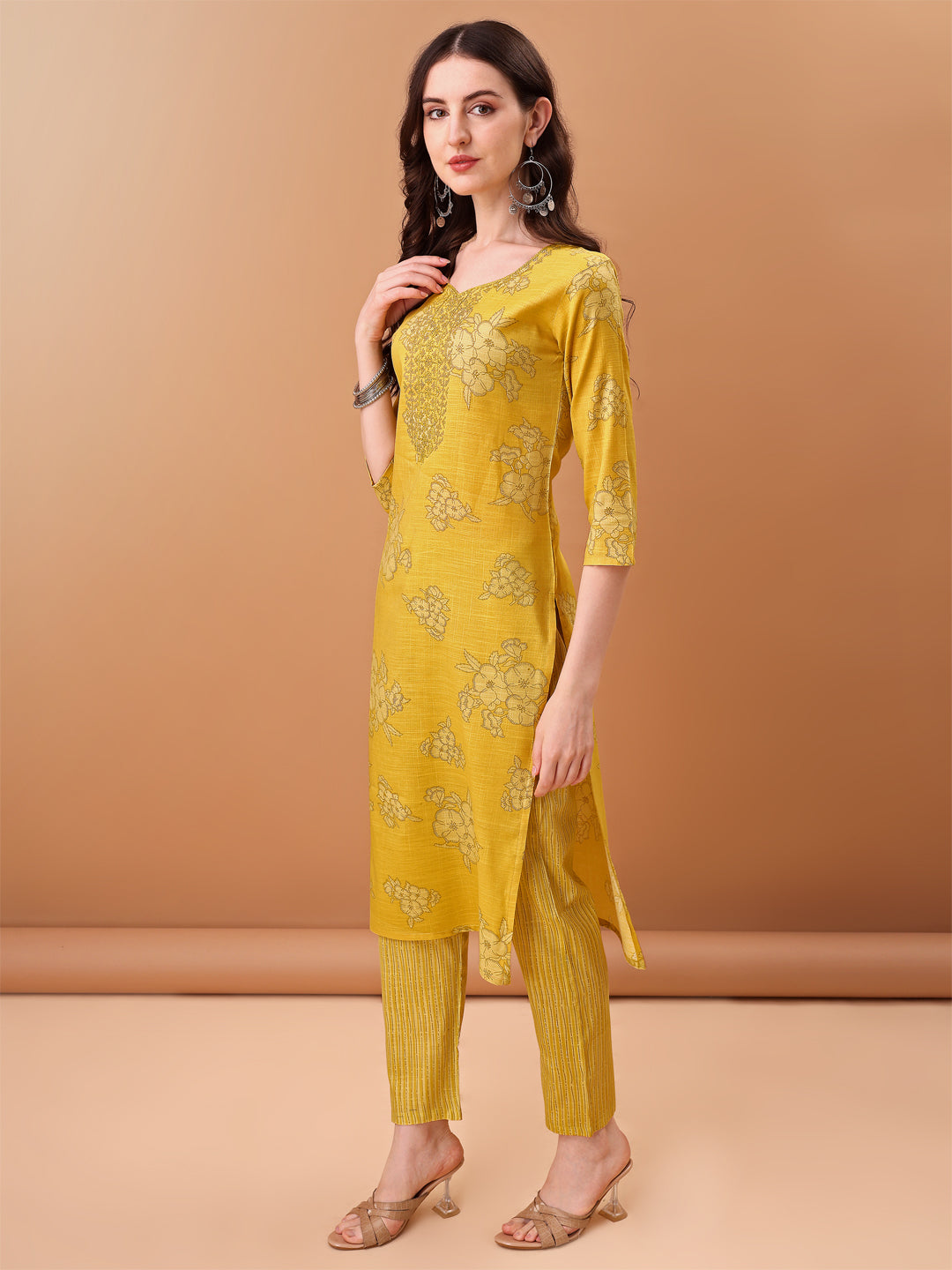 Embroidered & Printed Kurta With Pant & Printed Dupatta, Yellow - Hiral Fashion - Distacart