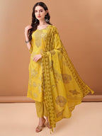 Embroidered & Printed Kurta With Pant & Printed Dupatta, Yellow - Hiral Fashion - Distacart