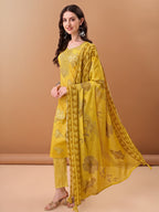 Embroidered & Printed Kurta With Pant & Printed Dupatta, Yellow - Hiral Fashion - Distacart