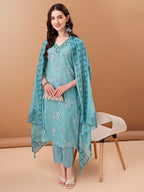 Embroidered & Floral Printed Kurta With Pant & Printed Dupatta, Blue - Hiral Fashion - Distacart