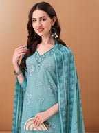 Embroidered & Floral Printed Kurta With Pant & Printed Dupatta, Blue - Hiral Fashion - Distacart