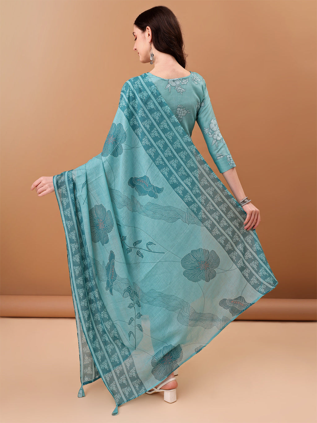 Embroidered & Floral Printed Kurta With Pant & Printed Dupatta, Blue - Hiral Fashion - Distacart