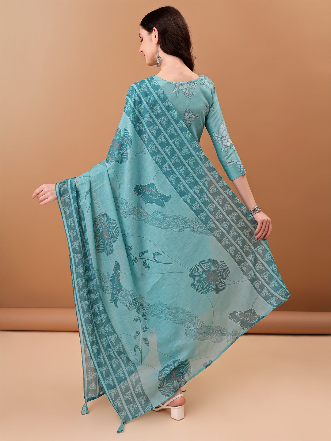Embroidered & Floral Printed Kurta With Pant & Printed Dupatta, Blue - Hiral Fashion - Distacart