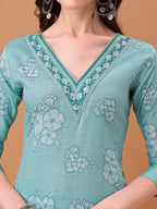 Embroidered & Floral Printed Kurta With Pant & Printed Dupatta, Blue - Hiral Fashion - Distacart