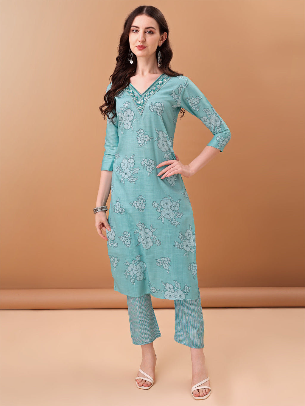Embroidered & Floral Printed Kurta With Pant & Printed Dupatta, Blue - Hiral Fashion - Distacart