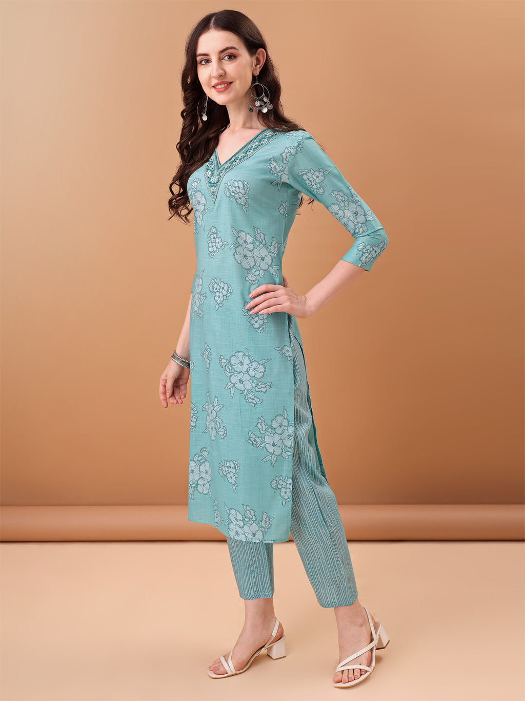 Embroidered & Floral Printed Kurta With Pant & Printed Dupatta, Blue - Hiral Fashion - Distacart