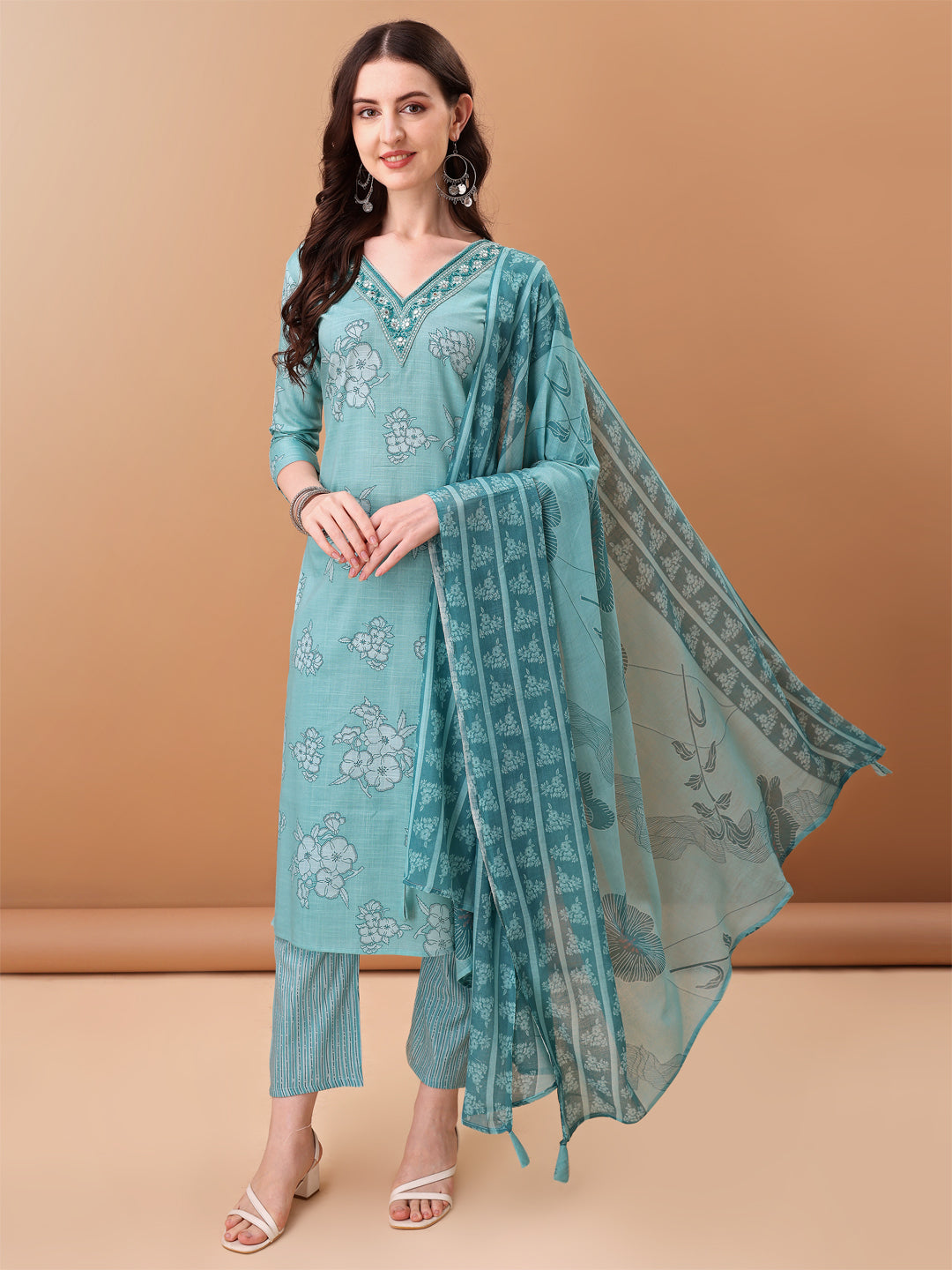 Embroidered & Floral Printed Kurta With Pant & Printed Dupatta, Blue - Hiral Fashion - Distacart