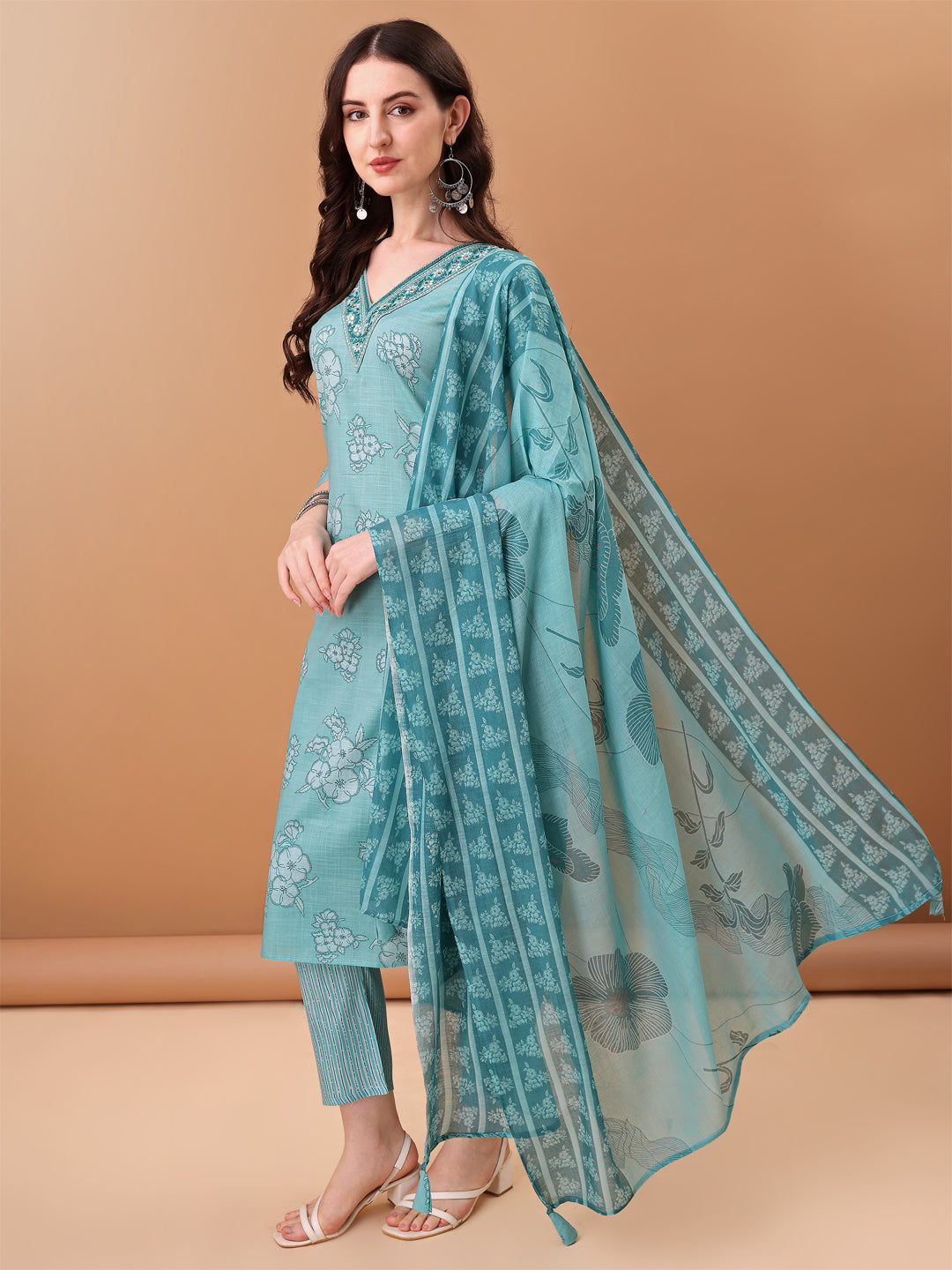 Embroidered & Floral Printed Kurta With Pant & Printed Dupatta, Blue - Hiral Fashion - Distacart