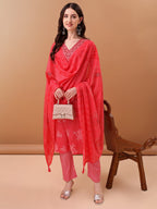 Embroidered & Floral Printed Kurta With Pant & Printed Dupatta, Pink - Hiral Fashion - Distacart