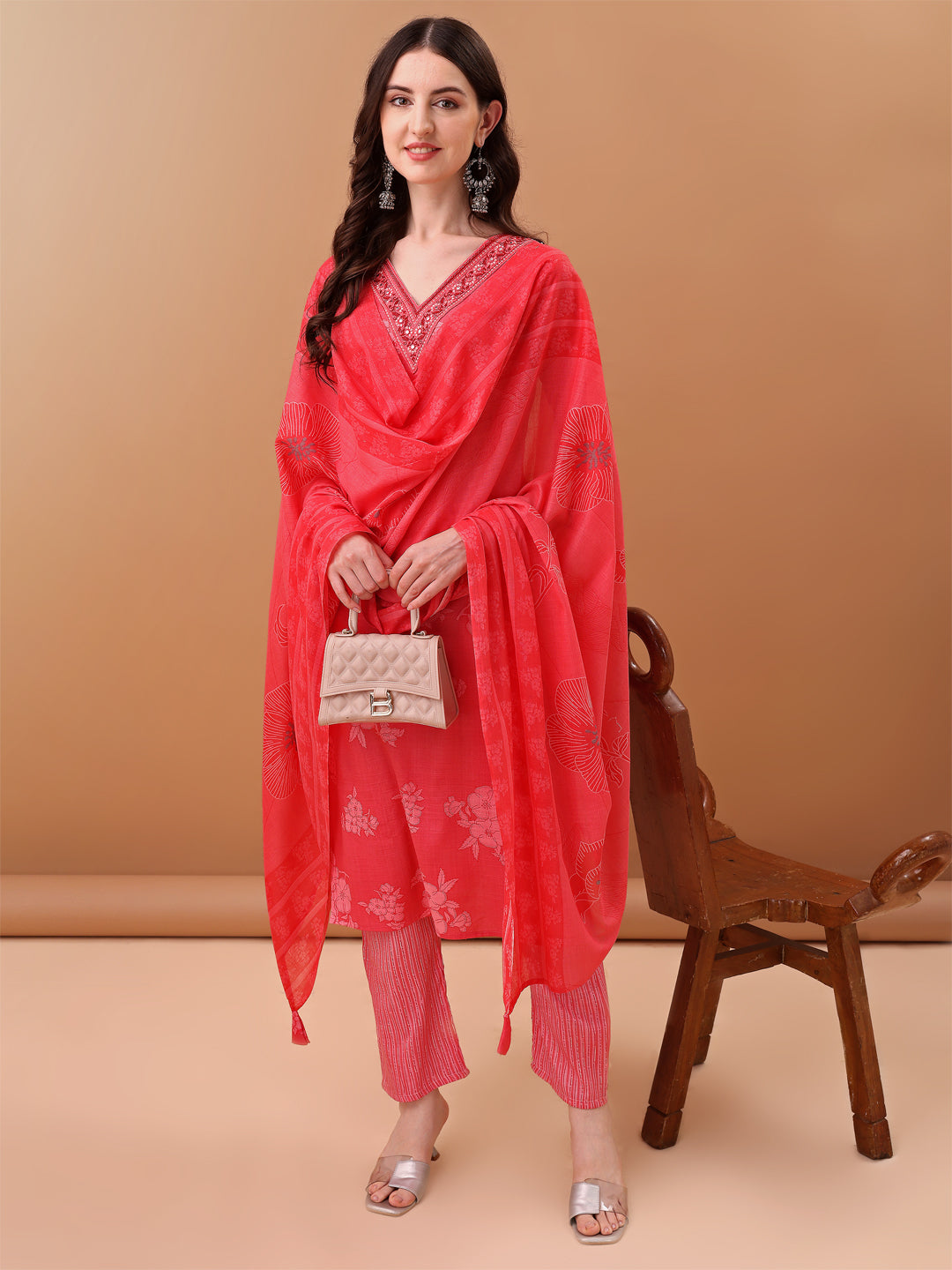 Embroidered & Floral Printed Kurta With Pant & Printed Dupatta, Pink - Hiral Fashion - Distacart