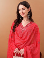 Embroidered & Floral Printed Kurta With Pant & Printed Dupatta, Pink - Hiral Fashion - Distacart