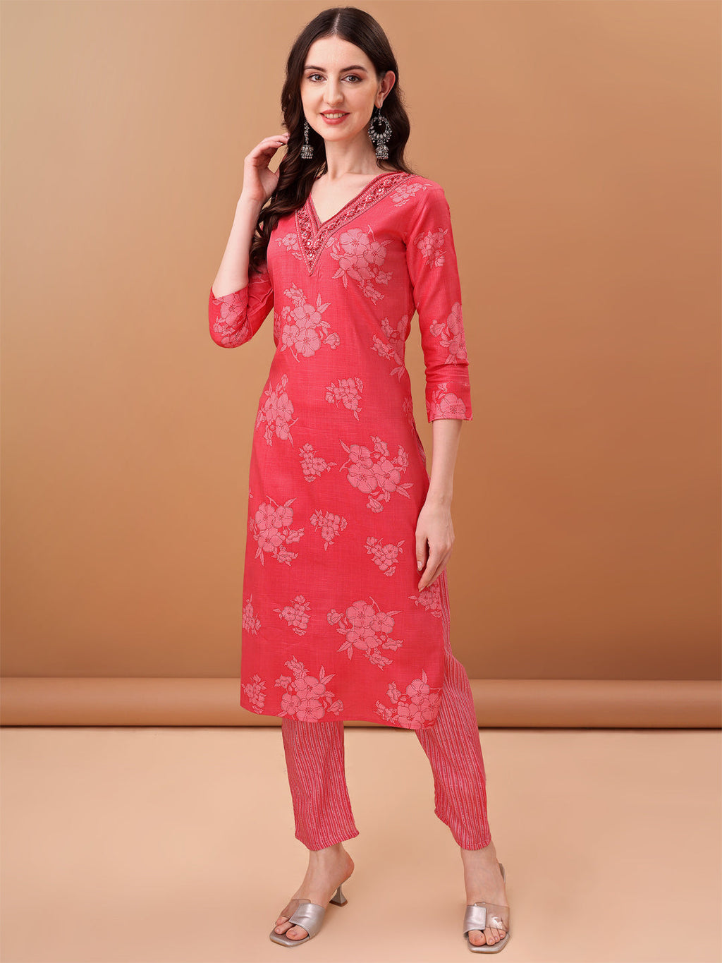 Embroidered & Floral Printed Kurta With Pant & Printed Dupatta, Pink - Hiral Fashion - Distacart