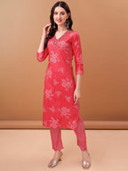 Embroidered & Floral Printed Kurta With Pant & Printed Dupatta, Pink - Hiral Fashion - Distacart