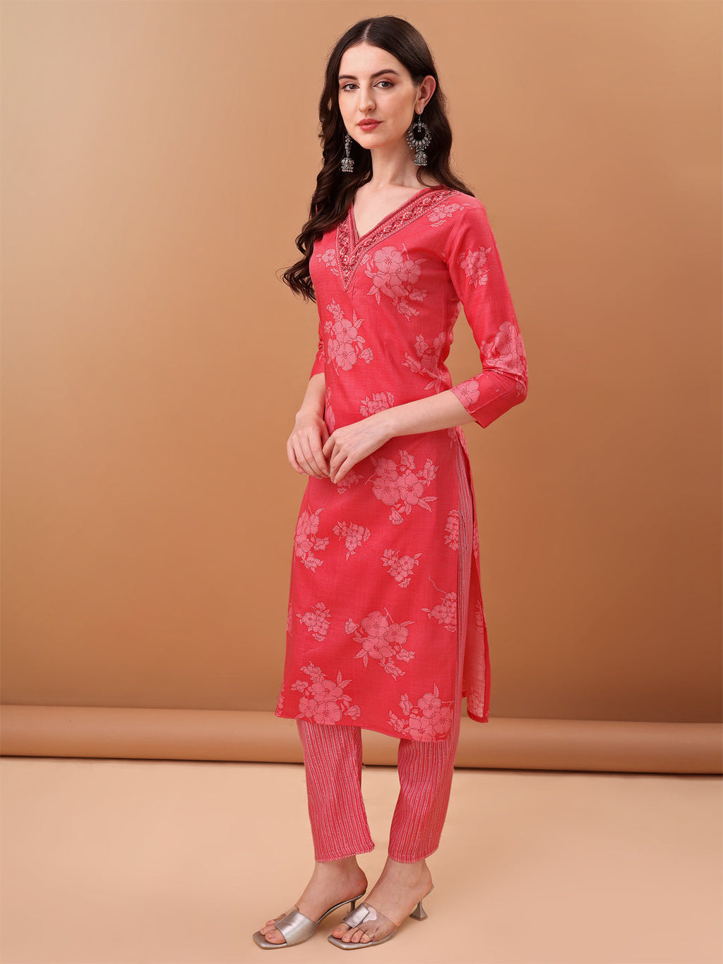 Embroidered & Floral Printed Kurta With Pant & Printed Dupatta, Pink - Hiral Fashion - Distacart