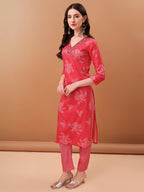 Embroidered & Floral Printed Kurta With Pant & Printed Dupatta, Pink - Hiral Fashion - Distacart