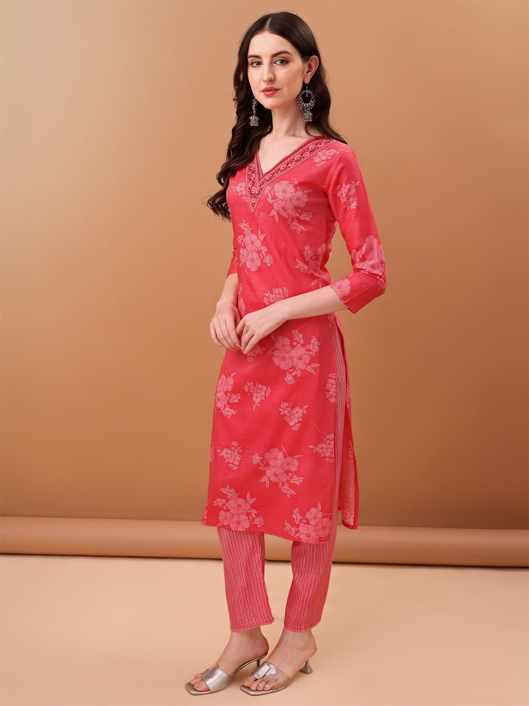 Embroidered & Floral Printed Kurta With Pant & Printed Dupatta, Pink - Hiral Fashion - Distacart