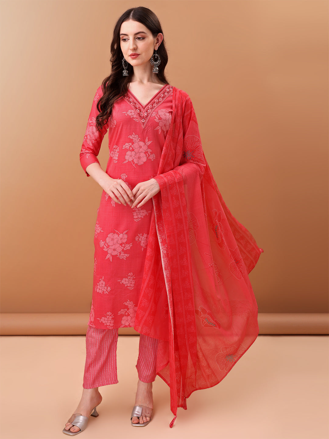 Embroidered & Floral Printed Kurta With Pant & Printed Dupatta, Pink - Hiral Fashion - Distacart