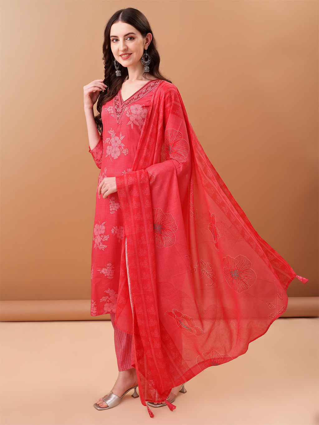 Embroidered & Floral Printed Kurta With Pant & Printed Dupatta, Pink - Hiral Fashion - Distacart