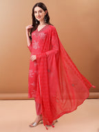 Embroidered & Floral Printed Kurta With Pant & Printed Dupatta, Pink - Hiral Fashion - Distacart