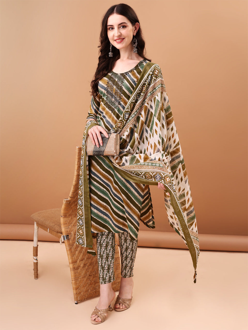 Embroidered & Leheriya Printed Kurta With Pant & Printed Dupatta, Green - Hiral Fashion - Distacart