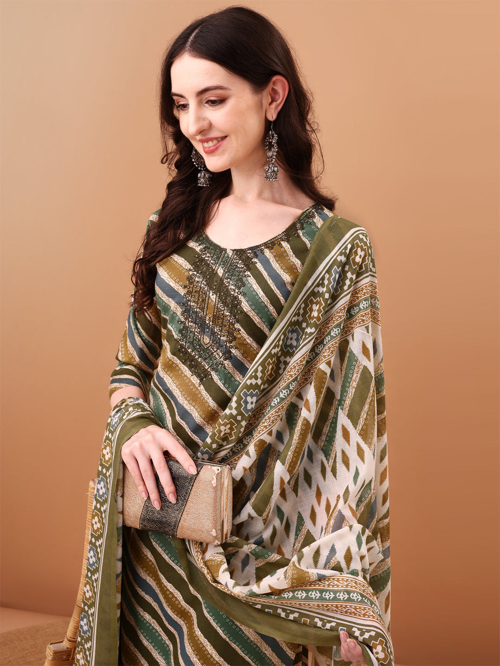 Embroidered & Leheriya Printed Kurta With Pant & Printed Dupatta, Green - Hiral Fashion - Distacart
