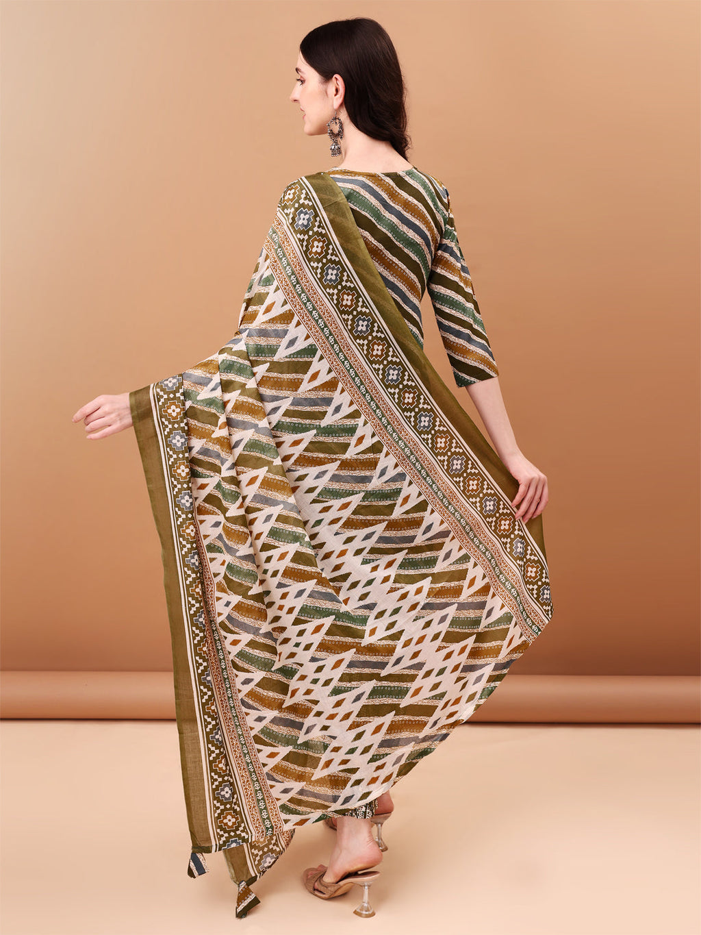 Embroidered & Leheriya Printed Kurta With Pant & Printed Dupatta, Green - Hiral Fashion - Distacart