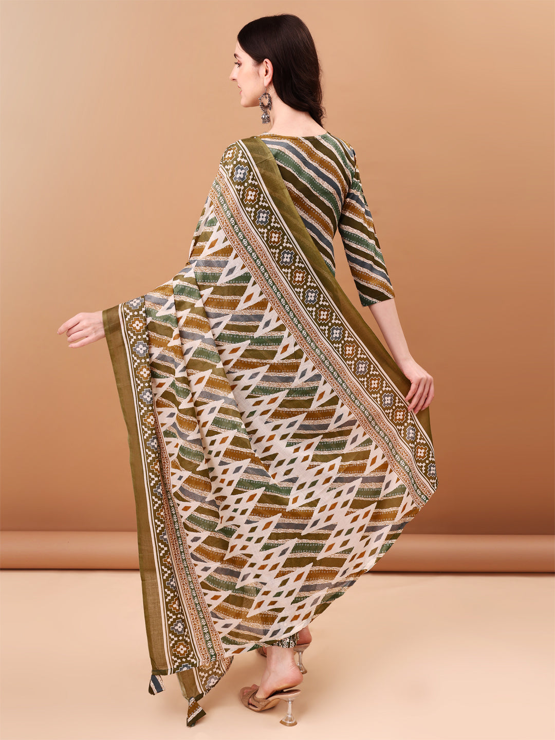 Embroidered & Leheriya Printed Kurta With Pant & Printed Dupatta, Green - Hiral Fashion - Distacart
