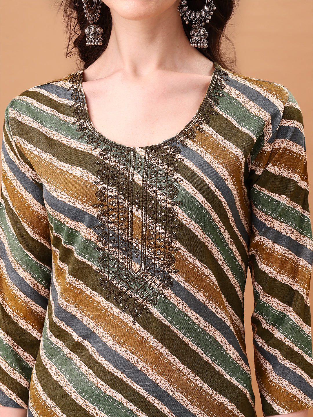 Embroidered & Leheriya Printed Kurta With Pant & Printed Dupatta, Green - Hiral Fashion - Distacart