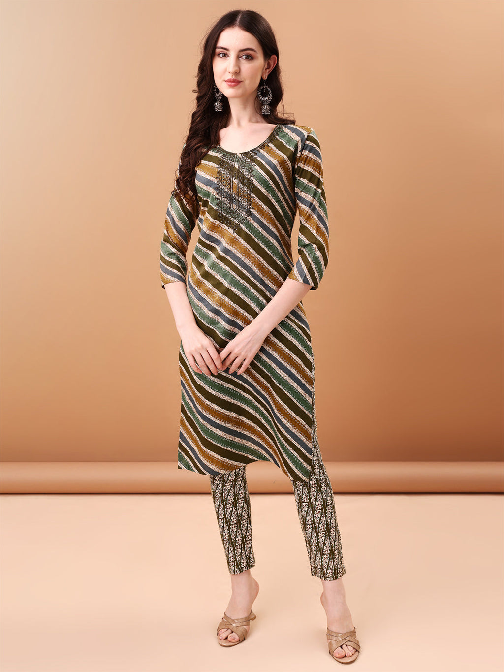 Embroidered & Leheriya Printed Kurta With Pant & Printed Dupatta, Green - Hiral Fashion - Distacart