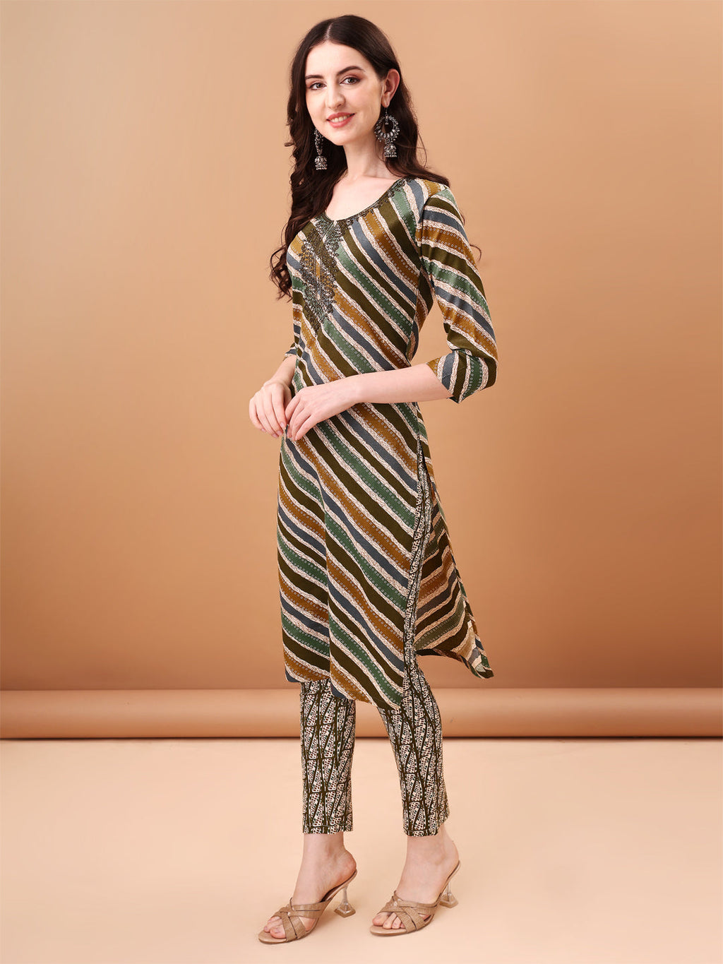 Embroidered & Leheriya Printed Kurta With Pant & Printed Dupatta, Green - Hiral Fashion - Distacart