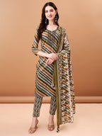 Embroidered & Leheriya Printed Kurta With Pant & Printed Dupatta, Green - Hiral Fashion - Distacart