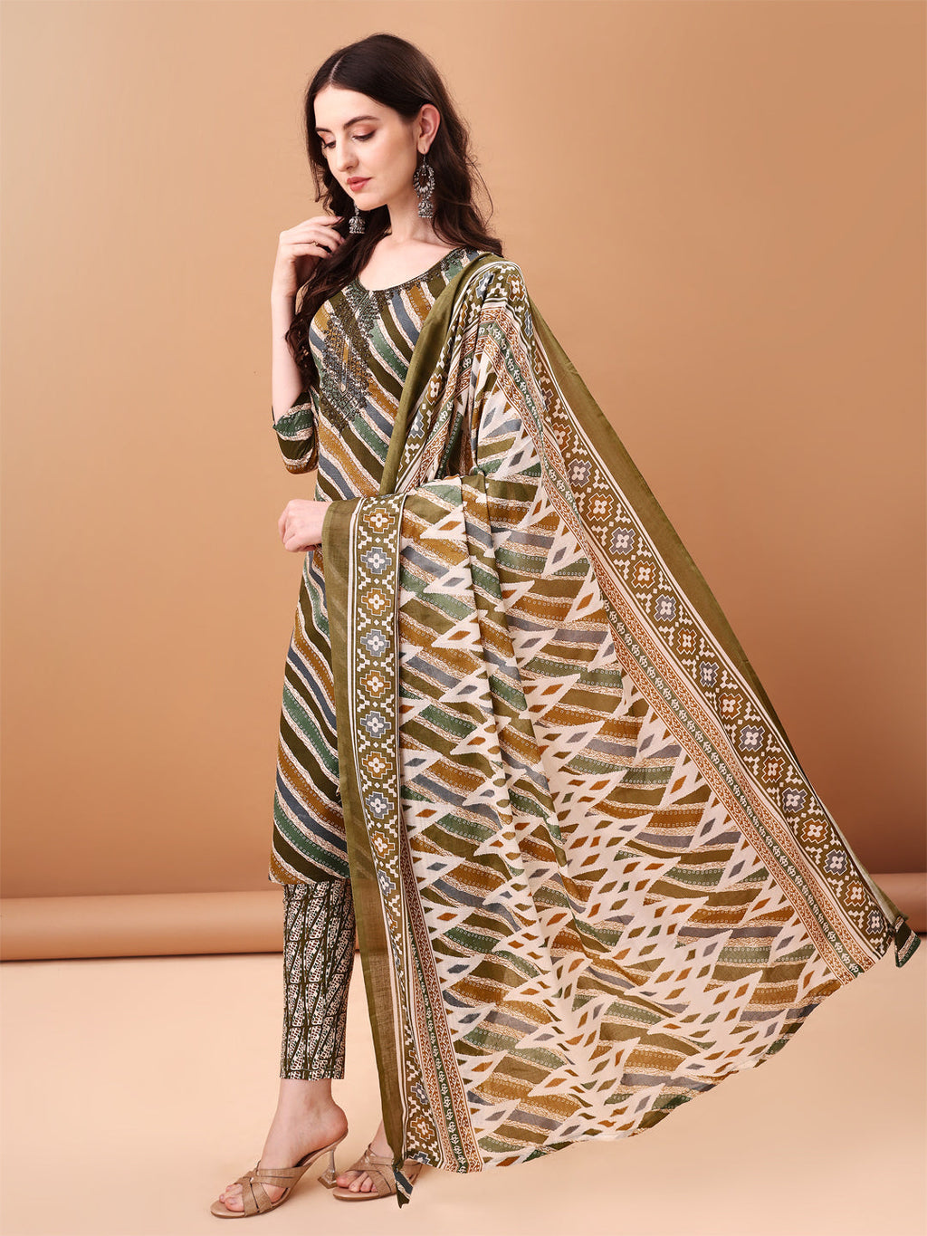 Embroidered & Leheriya Printed Kurta With Pant & Printed Dupatta, Green - Hiral Fashion - Distacart