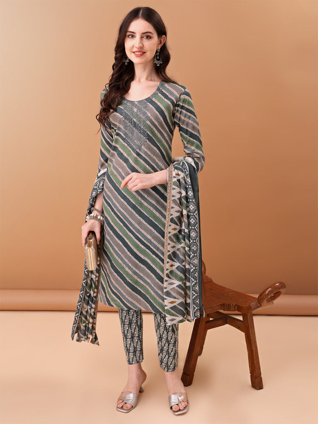 Embroidered & Leheriya Printed Kurta With Pant & Printed Dupatta, Grey - Hiral Fashion