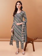 Embroidered & Leheriya Printed Kurta With Pant & Printed Dupatta, Grey - Hiral Fashion
