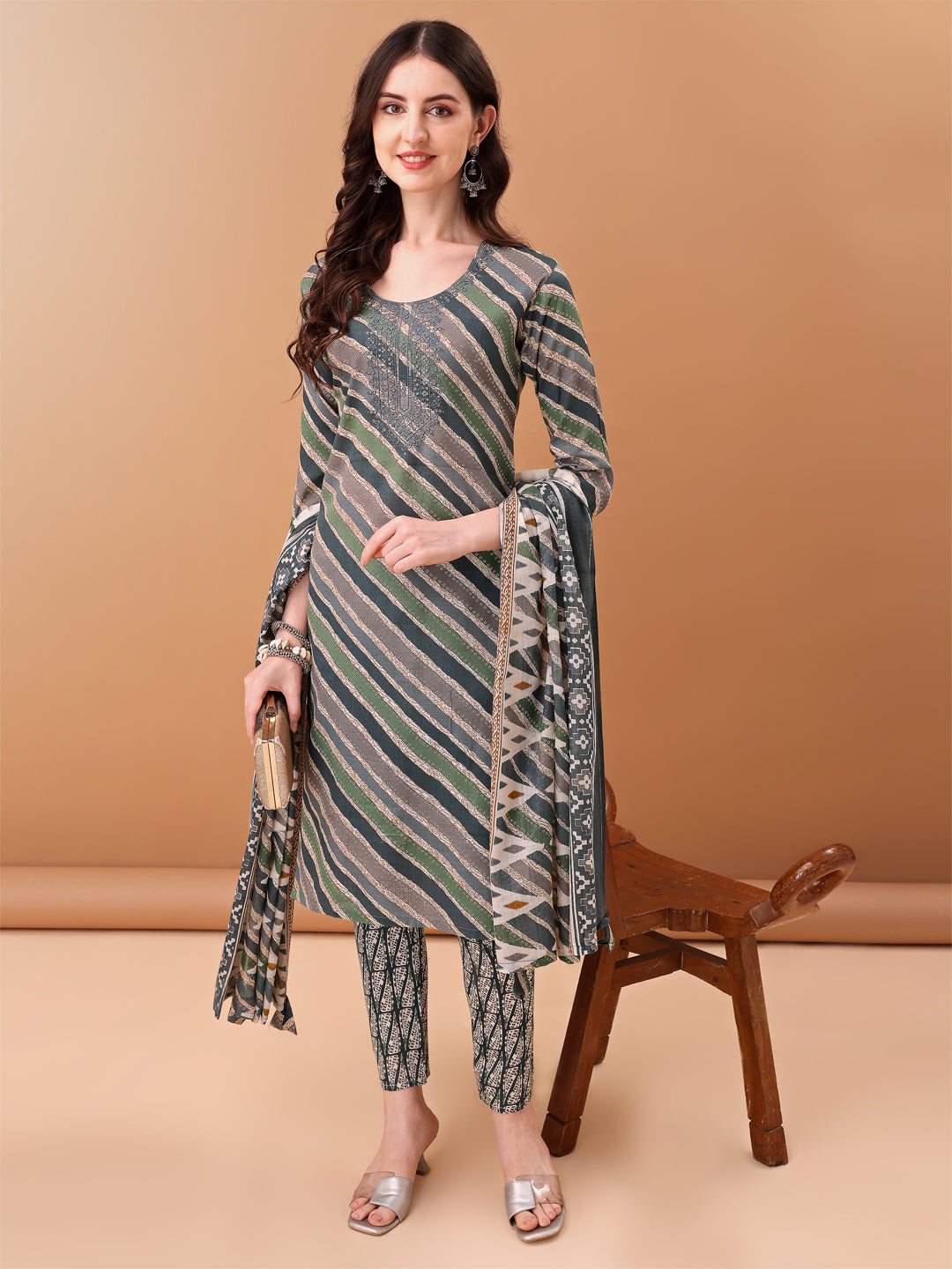 Embroidered & Leheriya Printed Kurta With Pant & Printed Dupatta, Grey - Hiral Fashion