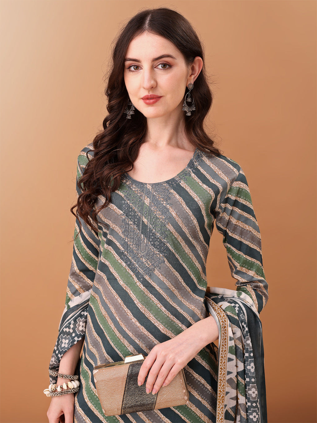 Embroidered & Leheriya Printed Kurta With Pant & Printed Dupatta, Grey - Hiral Fashion