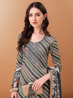 Embroidered & Leheriya Printed Kurta With Pant & Printed Dupatta, Grey - Hiral Fashion