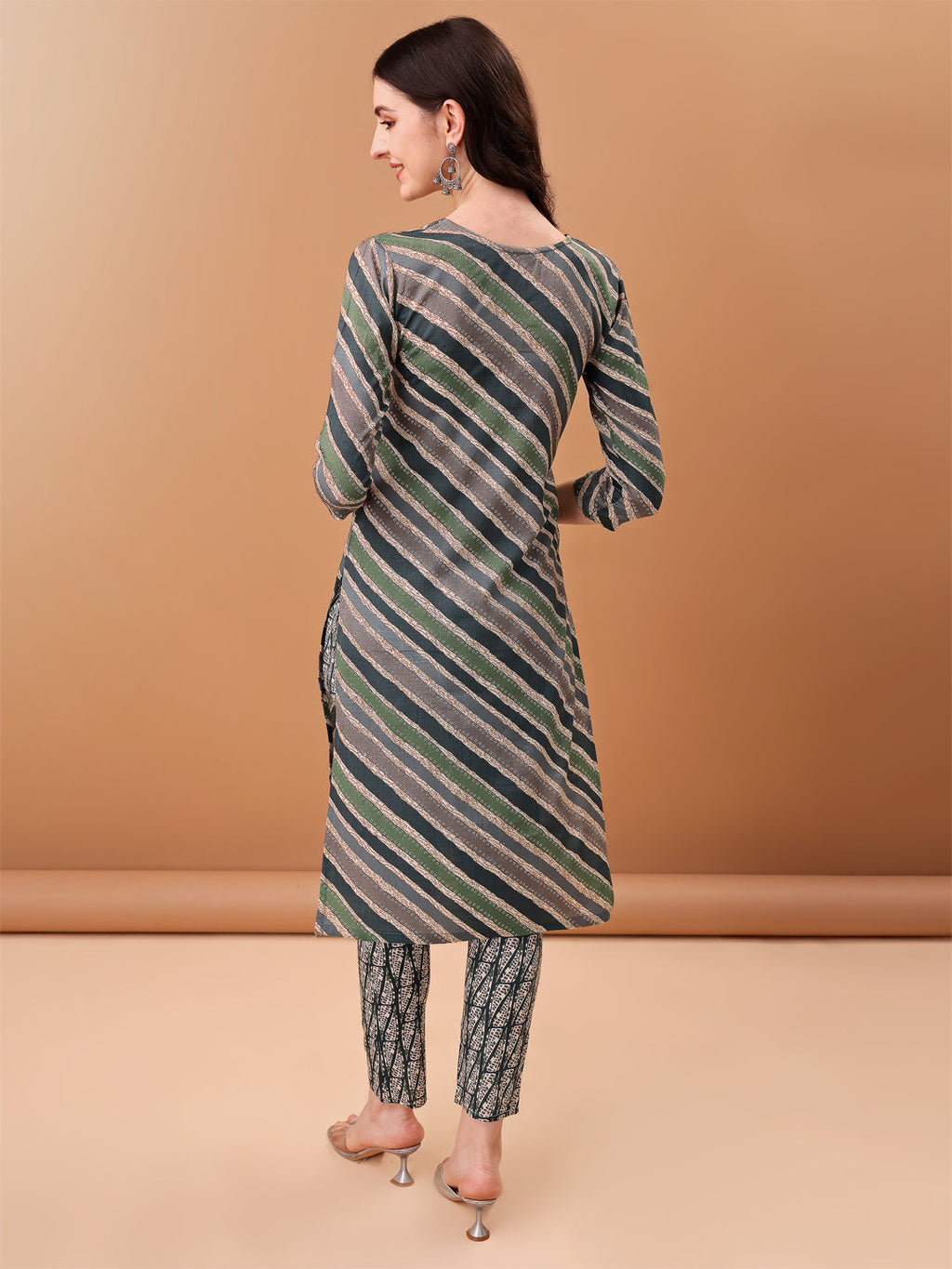 Embroidered & Leheriya Printed Kurta With Pant & Printed Dupatta, Grey - Hiral Fashion