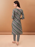 Embroidered & Leheriya Printed Kurta With Pant & Printed Dupatta, Grey - Hiral Fashion