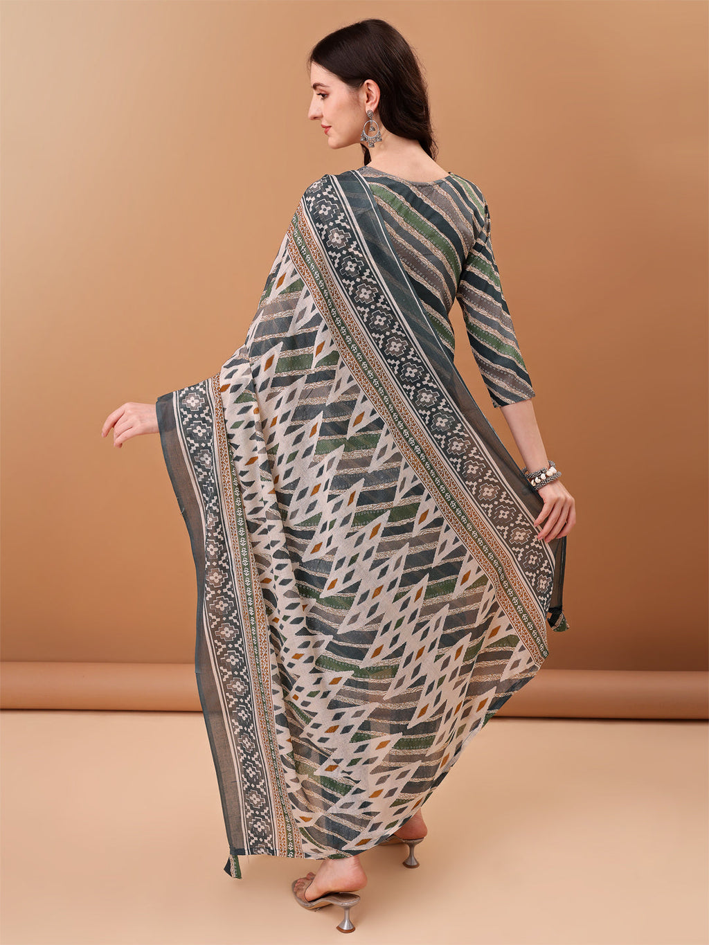 Embroidered & Leheriya Printed Kurta With Pant & Printed Dupatta, Grey - Hiral Fashion