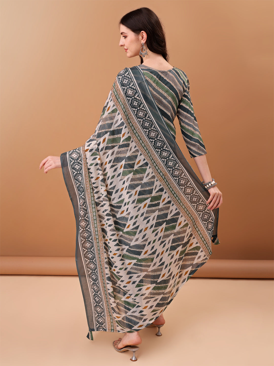 Embroidered & Leheriya Printed Kurta With Pant & Printed Dupatta, Grey - Hiral Fashion