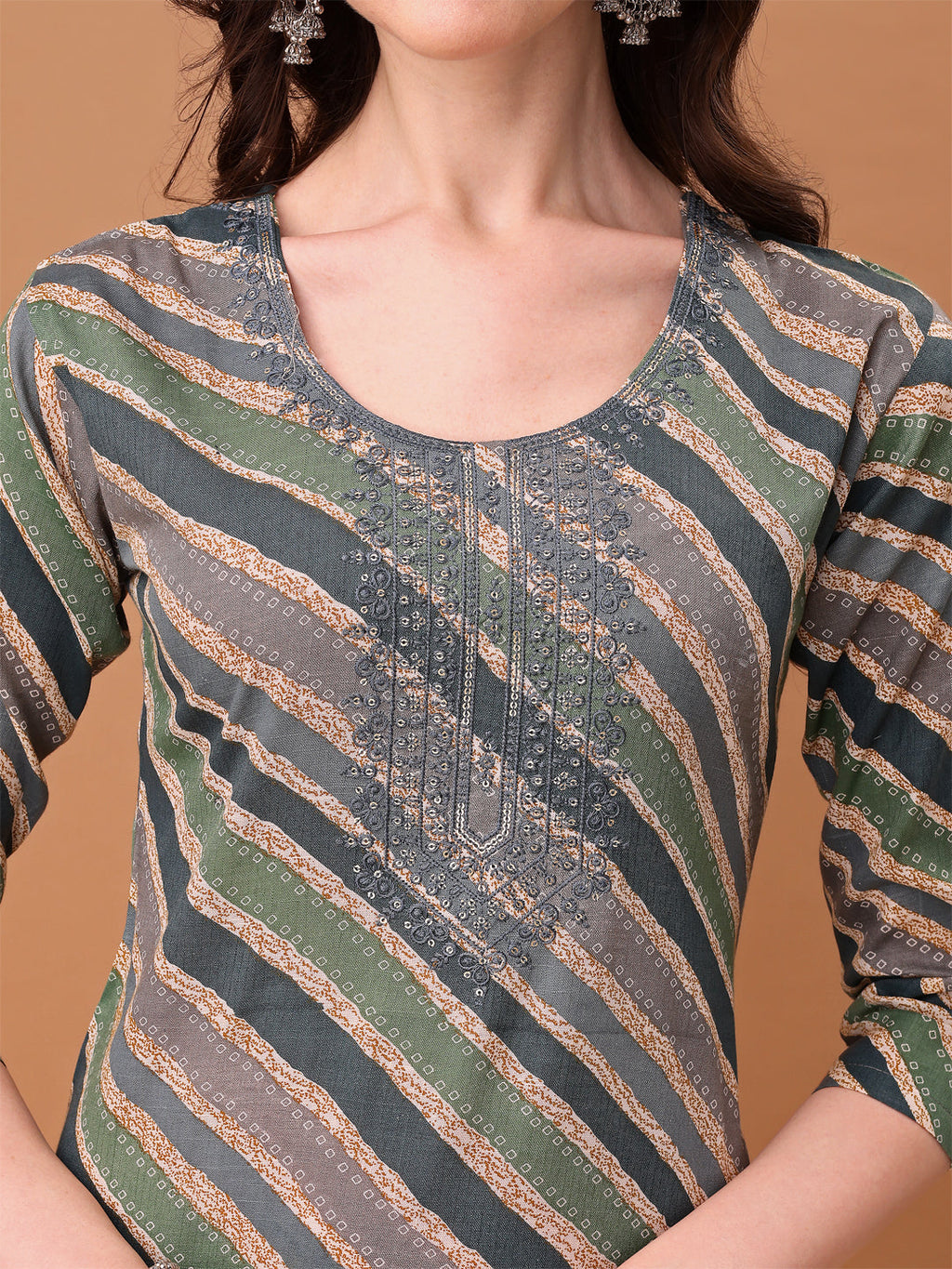 Embroidered & Leheriya Printed Kurta With Pant & Printed Dupatta, Grey - Hiral Fashion
