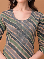Embroidered & Leheriya Printed Kurta With Pant & Printed Dupatta, Grey - Hiral Fashion