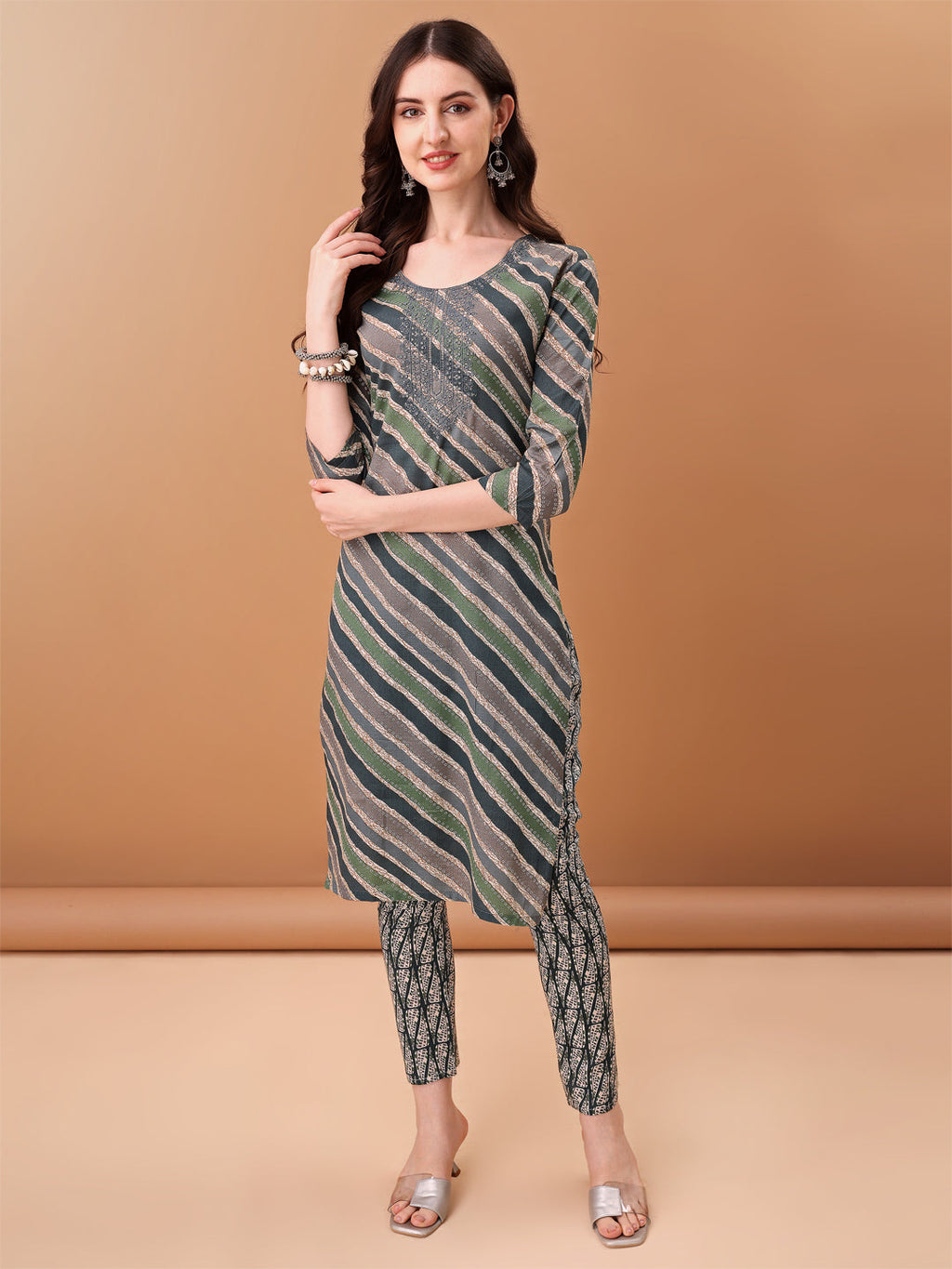 Embroidered & Leheriya Printed Kurta With Pant & Printed Dupatta, Grey - Hiral Fashion