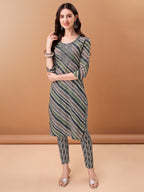Embroidered & Leheriya Printed Kurta With Pant & Printed Dupatta, Grey - Hiral Fashion