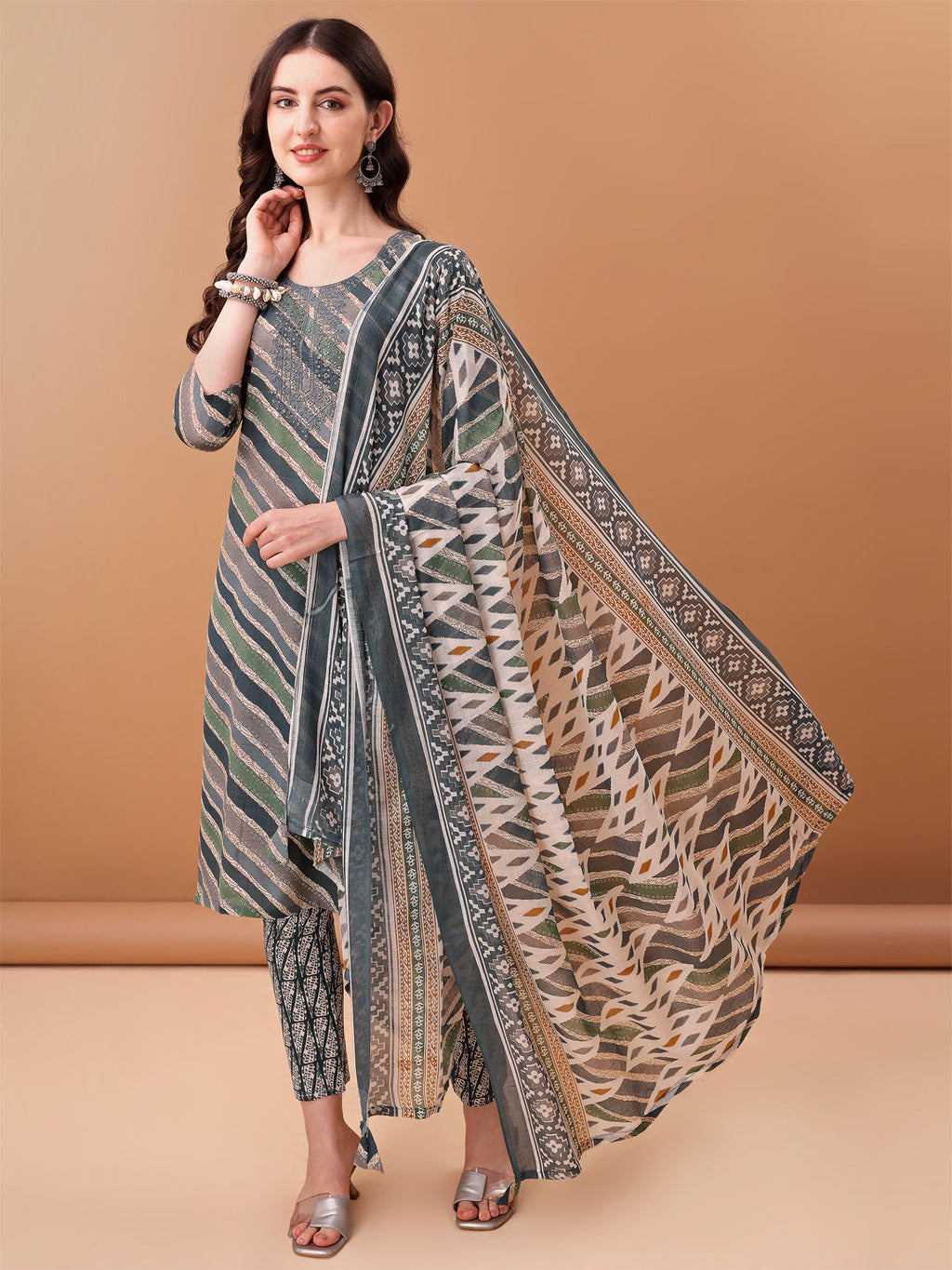 Embroidered & Leheriya Printed Kurta With Pant & Printed Dupatta, Grey - Hiral Fashion