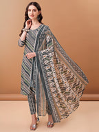 Embroidered & Leheriya Printed Kurta With Pant & Printed Dupatta, Grey - Hiral Fashion